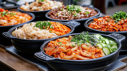 Canvas Print - Delicious Korean street food served in black bowls, vibrant and flavorful