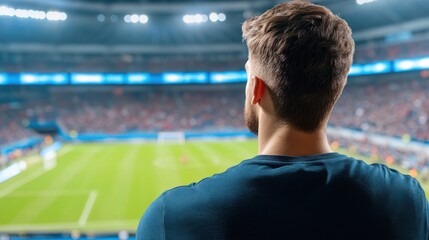 Wall Mural - Enthusiastic Fan Watching Live Sports Event in Stadium with Crowd and Soccer Field in Background