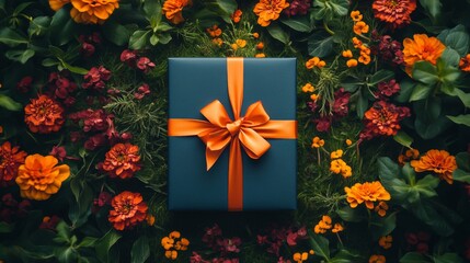 A dark blue gift box surrounded by orange and red flowers