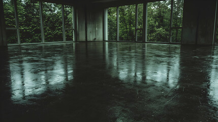 Empty room, polished concrete floor, large windows, green trees, construction site