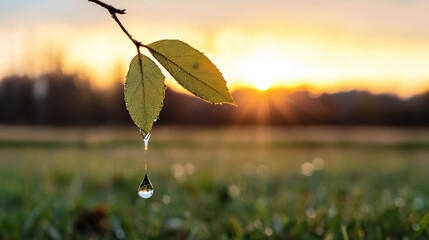 Wall Mural - single raindrop hangs from leaf, reflecting sunset glow