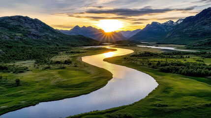 Sticker - breathtaking sunset view over winding river in Norway landscape