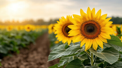 Sticker - Vibrant sunflowers blooming in field under warm summer sky