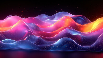 Wall Mural - cosmic wave: vibrant waves of blue, pink, and orange dance across a black background, illuminating t