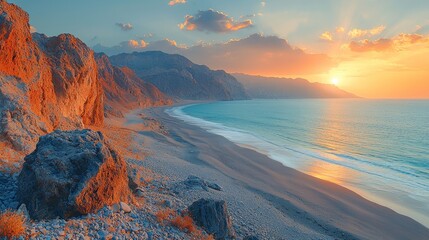 Wall Mural - Sunset over secluded beach, mountains backdrop.  Peaceful travel destination