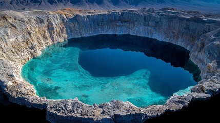 Wall Mural - Turquoise crater lake, mountain landscape, aerial view, tranquil scene. Perfect for travel brochures