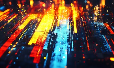 Abstract digital data flow, glowing lines, night city background, technology concept