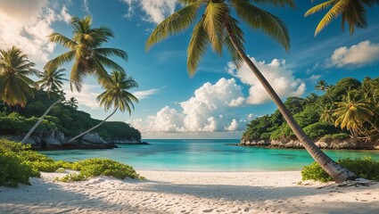 Wall Mural - Tropical paradise with palm trees swaying on a white sand beach by the turquoise ocean