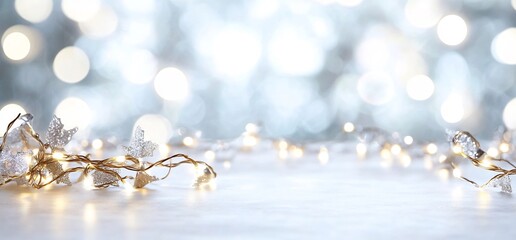 Wall Mural - Festive lights on table, bokeh background. Holiday card design (1)