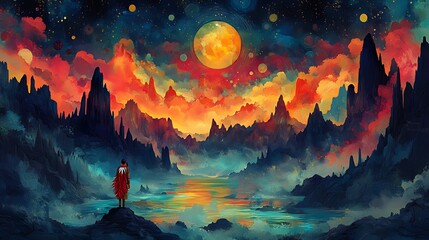 Person gazing at vibrant alien landscape, moonlit night, fantasy art, game design