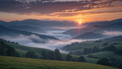 Wall Mural - Misty mountain sunrise with scenic foggy hills and a colorful sky