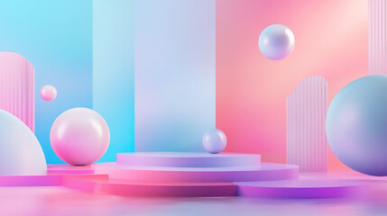 Wall Mural - Pastel pink and blue spheres and cylinders against a light blue background 