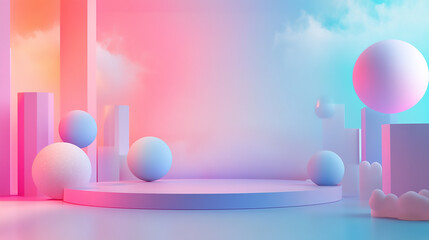 Wall Mural - Pastel pink and blue spheres and cylinders against a light blue background 