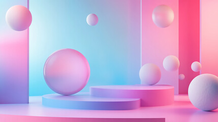 Wall Mural - pastel pink and blue spheres and cylinders against a light blue background
