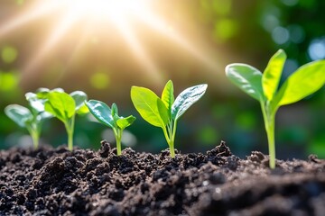 Wall Mural - Seedlings growing in sunlight, nature background, new life, agriculture