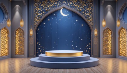 Wall Mural - Elegant Ramadan Background Islamic Design Night Sky Crescent Moon Stars Golden Lanterns Festive Product Display Podium Stage Presentation Luxury Arabic Architecture Festive Celebration 3D Blue Light  