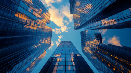 Wall Mural - Low angle view and lens flare of skyscrapers modern office building city in business center with blue sky modern business center at night
