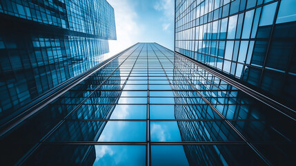 Wall Mural - Low angle view and lens flare of skyscrapers modern office building city in business center with blue sky modern business center at night
