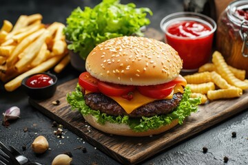 Wall Mural - Juicy Cheeseburger, Fries, Ketchup, Dark Background, Food Photography