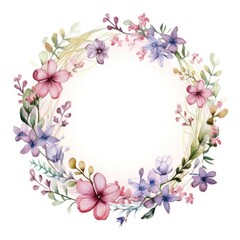 Wall Mural - Wild flower border watercolor pattern circle wreath.