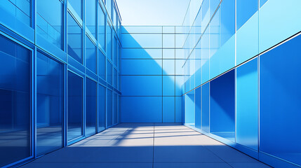 Wall Mural - A modern office building with a glass facade and an open doorway leading into a  the financial district of a modern metropolis, business and finance concept.