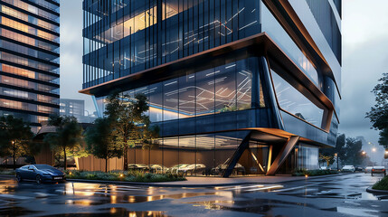 Wall Mural - Modern office building or business center. High-rise window buildings made of glass reflect the clouds and the sunset.  
