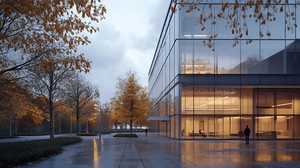 Wall Mural - Modern office building or business center. High-rise window buildings made of glass reflect the clouds and the sunset.  