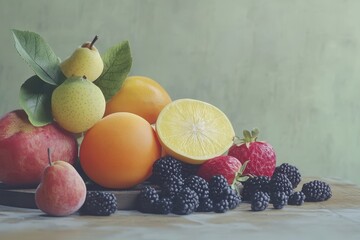 Wall Mural - Still life fruit assortment, wooden table, green background, healthy food photography