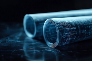 Architectural blueprints rolled up on a dark surface in a close-up view