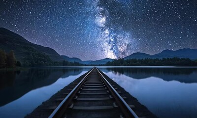 Wall Mural - Serene Night Sky Over Tranquil Lake with Railway Tracks Leading to the Milky Way in Background