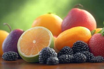 Wall Mural - Vibrant fruit still life, wooden table, green background, healthy food ad