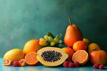 Wall Mural - Colorful fruit still life, teal background, healthy eating, recipe inspiration