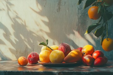 Sunlit fruit still life, orchard background, plate, kitchen