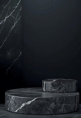 Wall Mural - stone podium with smoke in the background empty black marble table podium with black stone floor in 