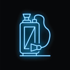 Wall Mural - blue glowing neon line garden sprayer for water, fertilizer, chemicals icon isolated on black backgr
