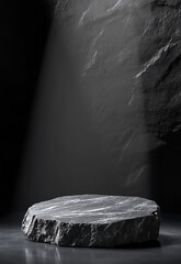 Wall Mural - stone podium with smoke in the background empty dark marble table podium in the center of a dark roo