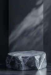 Wall Mural - stone podium with smoke in the background empty dark marble table podium in the center of a dark roo