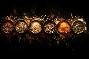 Vibrant Assortment of Spices and Herbs in Bowls on Dark Background for Culinary Creativity and Flavorful Cooking Inspiration