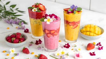 Wall Mural - Delicious Layered Fruit Smoothies with Flowers