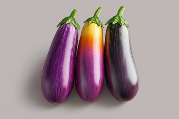 Wall Mural - Colorful eggplants studio shot, grey background, food photography