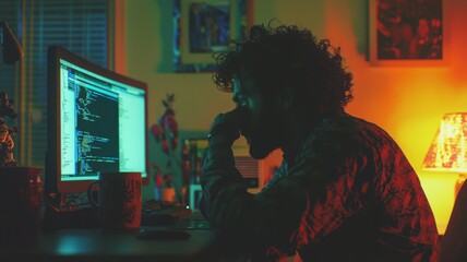 Wall Mural - a focused individual coding in a dimly lit room, illuminated by screens.
