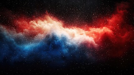 A vibrant cosmic scene featuring swirling clouds of red, white, and blue against a starry backdrop.