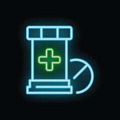 Poster - Neon sign is depicting a pill bottle and pill glowing against a black background