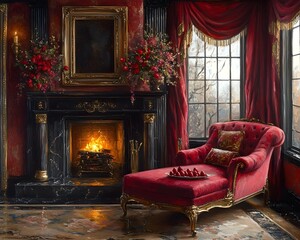 Elegant and Cozy Fireplace with Plush Armchair in Luxurious Interior