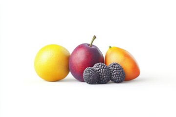 Wall Mural - Studio shot of plum, grapefruit, mango, and blackberries on white background, ideal for food blogs