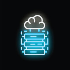 Wall Mural - neon icon of cloud computing with a server connecting to data using a blue and white neon effect