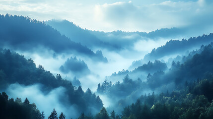 Wall Mural - enchanting mist-covered hills, deep forest below with soft lighting