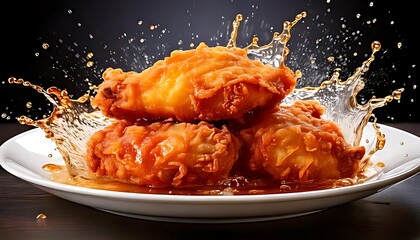 Wall Mural - Fried chicken pieces on a white plate with splashing water, creating a dynamic display (1)