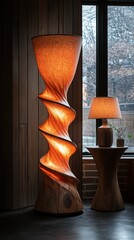 Wall Mural - Sculptural spiral floor lamp illuminates a room.