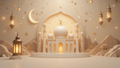 Wall Mural - Elegant Ramadan Mosque 3D Render Festive Islamic Background Design Golden Lanterns Crescent Moon Stars Night Peaceful Spiritual Celebration Eid Mubarak Festive Illustration Artistic Digital Art Holy  